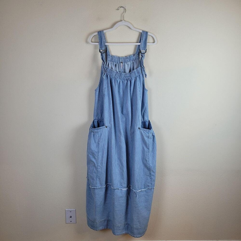 Free People Dress Medium Blue Denim Machu Barrel Relaxed Midi Boho Oversized - Picture 2 of 11